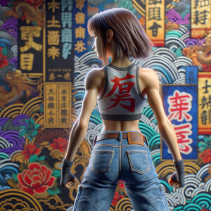 Athletic Thin skinny Attractive, Asian teenage girl, long brown hair and bangs, wearing tight skinny jeans and a halter top paint marks on her clothing, heroic pose Asian graffiti background, backside view