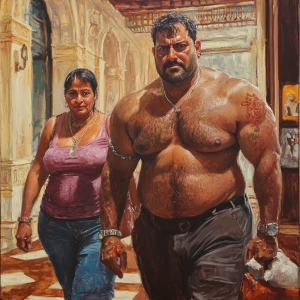 realistic painting.A sweaty beefy man walking with his 54 year o...
