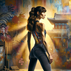 Athletic Thin skinny Attractive, Asian teenage girl, long brown hair and bangs, wearing tight skinny jeans and a halter top paint marks on her clothing, heroic pose Asian graffiti background, backside view