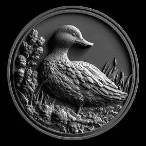 Design a high-contrast grayscale 3d bas relief of jeep duck, The...