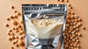 organic soymilk powder,  milk in aluminum bag , light orange bac...