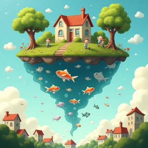 "Imagine a whimsical world where everything is upside down: tree...