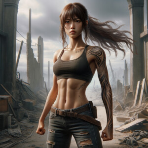 Thin Asian teen girl wearing tight jeans and a halter top Long brown hair and bangs, tattoos on her arms, athletic heroic pose