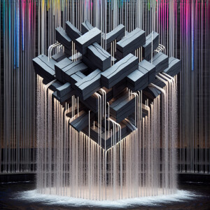 Create an image of vibrant floating waterfall fountain made from...