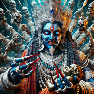 photography of angry looking, gorgeous goddess kali, blue skinned carrying a weak mahishasur in her two arms and stabbing him with her amazingly long red fingernails. She is wearing a huge silver crown, red saree, abundant silver jewelry, covered in blood. The scene is set in ancient India. The image is 8K resolution, cinematic, ultra detailed face and epic.