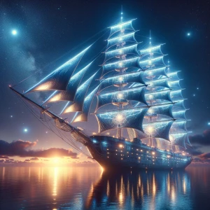 A luminously glowing satellite schooner drifts through a twiligh...