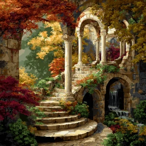 Depict a fantastical autumn garden featuring a winding stairway...