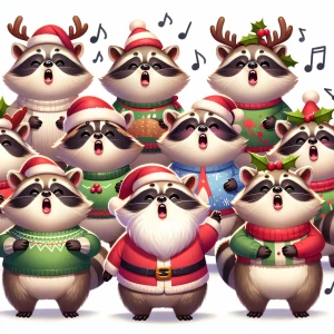 A chorus of animated the fat racoons singing Christmas carols, e...
