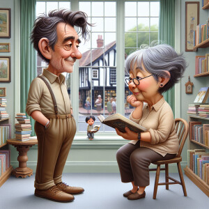 a whimsical caricature of an elderly gentleman with short messy...