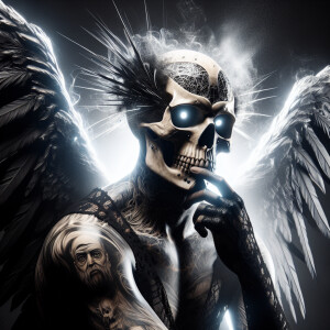 Close-up dark art, detailed winged man with a half skull mask an...