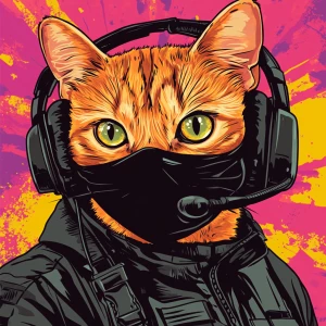 A wide-eyed ginger cat wearing a black tactical balaclava (or ma...