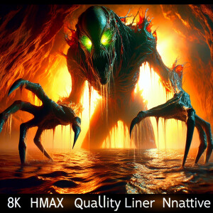 A monster coming out from the creek, glowing eyes, reaching out,...