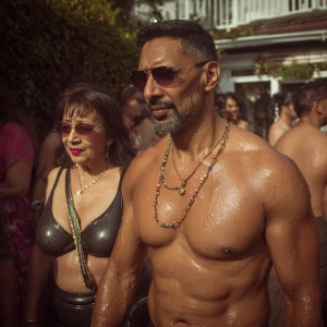 a muscular beefy indian man walking ,with his sweaty indian 54 y...