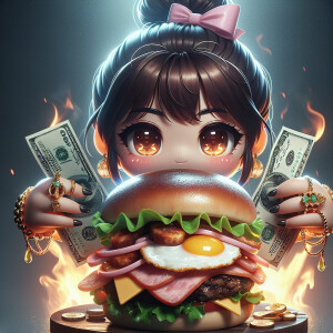 A high-quality chibi-style exaggerated melanin girl messy bun, b...