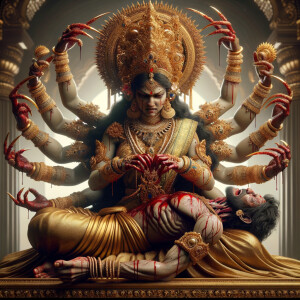 portrait of angry looking, four-armed indian goddess sitting on...