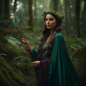 An elven woman gracefully strolling through a lush, enchanting f...