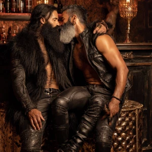 Create an image of two men both black hair and beard wearing lea...
