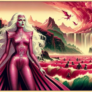 A beautiful  vampire woman with long metallic white  hair wearin...