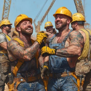 depicts a group of muscular, tattooed construction workers havin...