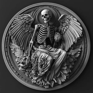 Design a high-contrast grayscale 3d bas relief of death, The composition should be circular like a coin emblem, designed for CNC routing with balanced lighting to accentuate fine details, sharp edges, and distinct textures. Employ deep shadows and strong highlights to define planes and surfaces clearly.