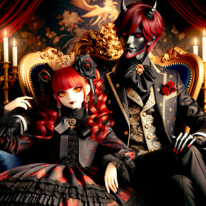 Lilith as a girl with elegant gothic lolita dress sit on the lap of handsome lucifer, the girl has red hair and golden eyes, thrones, blackand red elegant luxury background, Lucifer evil smirk, The girl fierce look, Obsession and Ownership sign