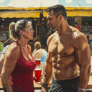 Photo-realism,fantasy.a muscular sweaty beefy man standing and...