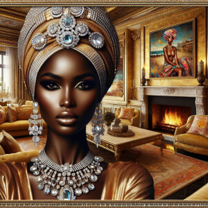 Create an image that depicts a radiant woman with a slightly Afr...