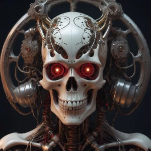 A biomechanical skull with a scythe-like horn curving forward, g...