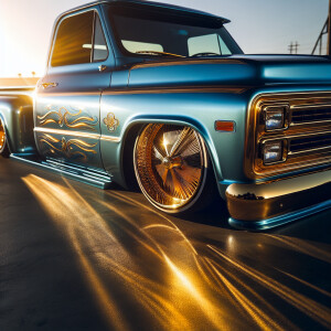 Lowrider truck, metallic blue, gold spoke rims