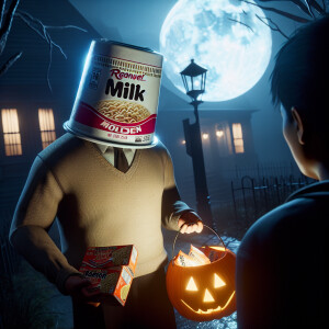 A man wearing a upside down milk jug as a holloween mask his han...