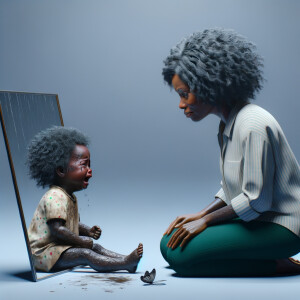 Create a 3-D realistic, adult african-American, female 
Did curly black hair, dark skin, looking at herself in a mirror, but the child that she sees in the reflection is dirty and crying and has scars, and there is a fallen butterfly