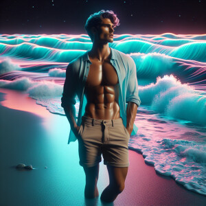 3D image of a beautiful night at the beach. There are glowing li...