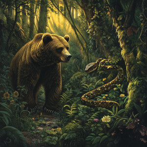 Create a vivid scene in a lush forest where a majestic bear and...