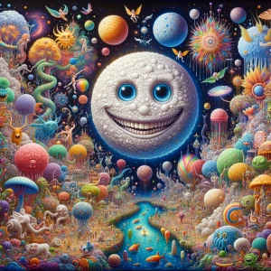 Picture a delightfully chaotic space oasis filled with rainbow-c...