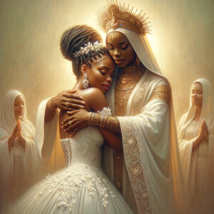 Imagine a hyper-realistic oil painting that captures a tender moment between theAfrican American bride and her God. The setting is intimate and filled with soft, warm lighting that enhances the emotional depth of the scene. The bride, in herexquisite wedding gown, shares a heartfelt embrace with her african-American Lord Jesus , who is dressedin an elegant outfit that complements the wedding's color scheme. Their expressions are full of love, pride, and joy, reflecting the special bond between them. Theattention to detail is paramount, from the intricate designs of their dresses to the subtle emotions conveyed in their facial expressions. The background is a blur ofgentle pastel hues, ensuring that the focus remains on this touching moment. Thispainting should convey the warmth, love, and depth of the relationship, with the rich textures and vibrant strokes characteristic of oil paintings, capturing the essence of this significant pre-wedding moment.