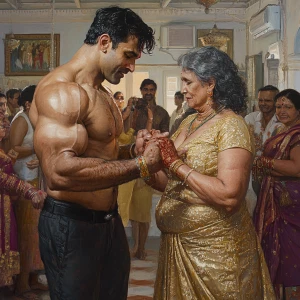 Realistic art 1:1,A muscular, sweaty man joyously celebrates Diw...