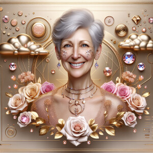 A horizontal portrait of a thinner, smiling curvy 80 year old Ca...