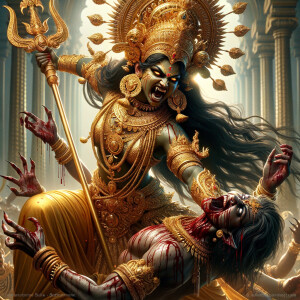 portrait of angry looking goddess durga pinning a weak mahishasur to the ground and stabbing him with her amazingly designed trident. She is wearing gold armor, a huge gold crown, gold saree, abundant  gold jewelry, covered in blood. The scene is set in ancient India. The image is 8K resolution, photography, cinematic, ultra detailed face and epic