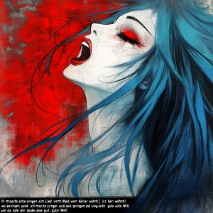 Create an image of a woman who has long, flowing blue hair and p...