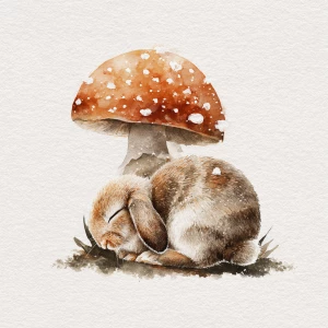 Fluffy rabbit sleeping under spotted mushroom, watercolor style,...