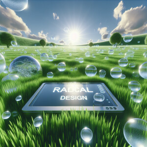 grassy bright field, bubbles floating around, a computer centere...
