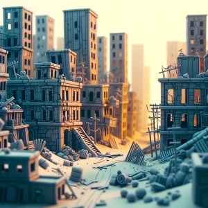 abandoned cityscape. Crumbling buildings fill the environment.