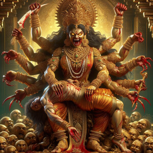 portrait of angry looking, four-armed indian goddess  sitting on a gold crown and carrying a weak mahishasur on her lap and poking his abdomen with her amazingly long red fingernails . She is wearing gold armor, a huge gold crown, gold saree, abundant  gold jewelry, covered in blood. The scene is set in ancient India. The image is 8K resolution, cinematic, photography, ultra detailed face and epic.