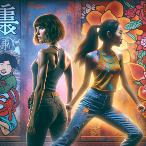 Athletic Thin skinny Attractive, Asian teenage girl, long brown hair and bangs, wearing tight skinny jeans and a halter top paint marks on her clothing, heroic pose Asian graffiti background, backside view