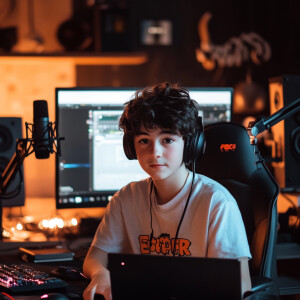 A boy is sitting in the studio with a PC behind him, a laptop on...