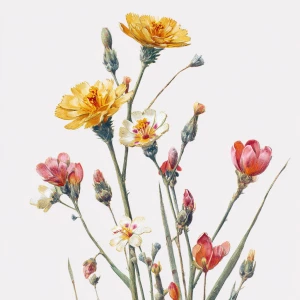 Desert wildflowers, botanical illustration, white background