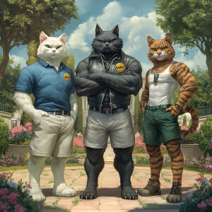 Image is a hyper realistic featuring three anthropomorphic cats...