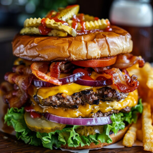 Create an image of a double cheeseburger topped with crispy baco...