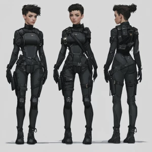 A digital art character design sheet showcasing a futuristic fem...