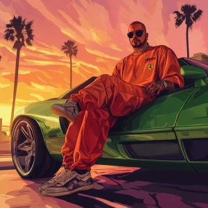 PEPE meme.a guy in a lambo, in GTA San Andreas and carton style